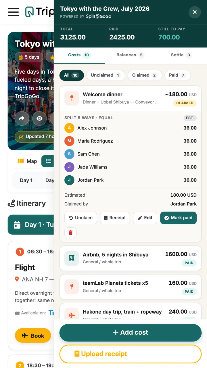 A cost expanded on mobile: Welcome dinner split five ways with each person's share