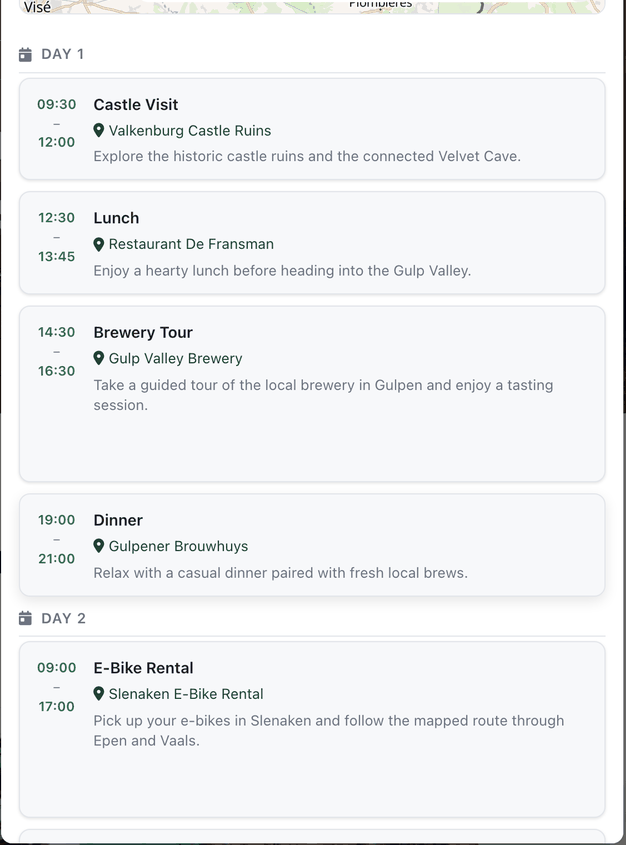 The planner panel with a day plan that includes a brewery tour in Gulpen and an e-bike route through Epen and Vaals.