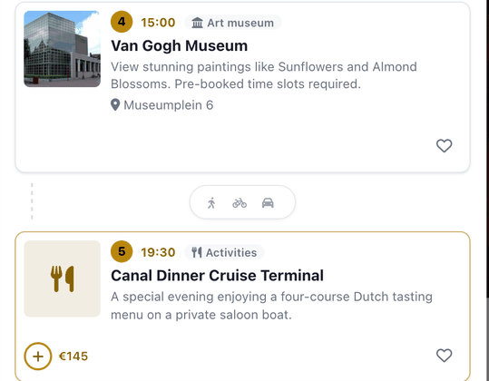 Two stops in a generated day: the Van Gogh Museum at 15:00 and the hotel's canal dinner cruise at 19:30, with its price and an add button.