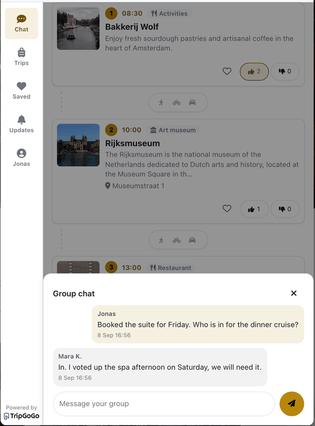 The planner panel with up-votes on two stops and the group chat open below, showing messages from two members.