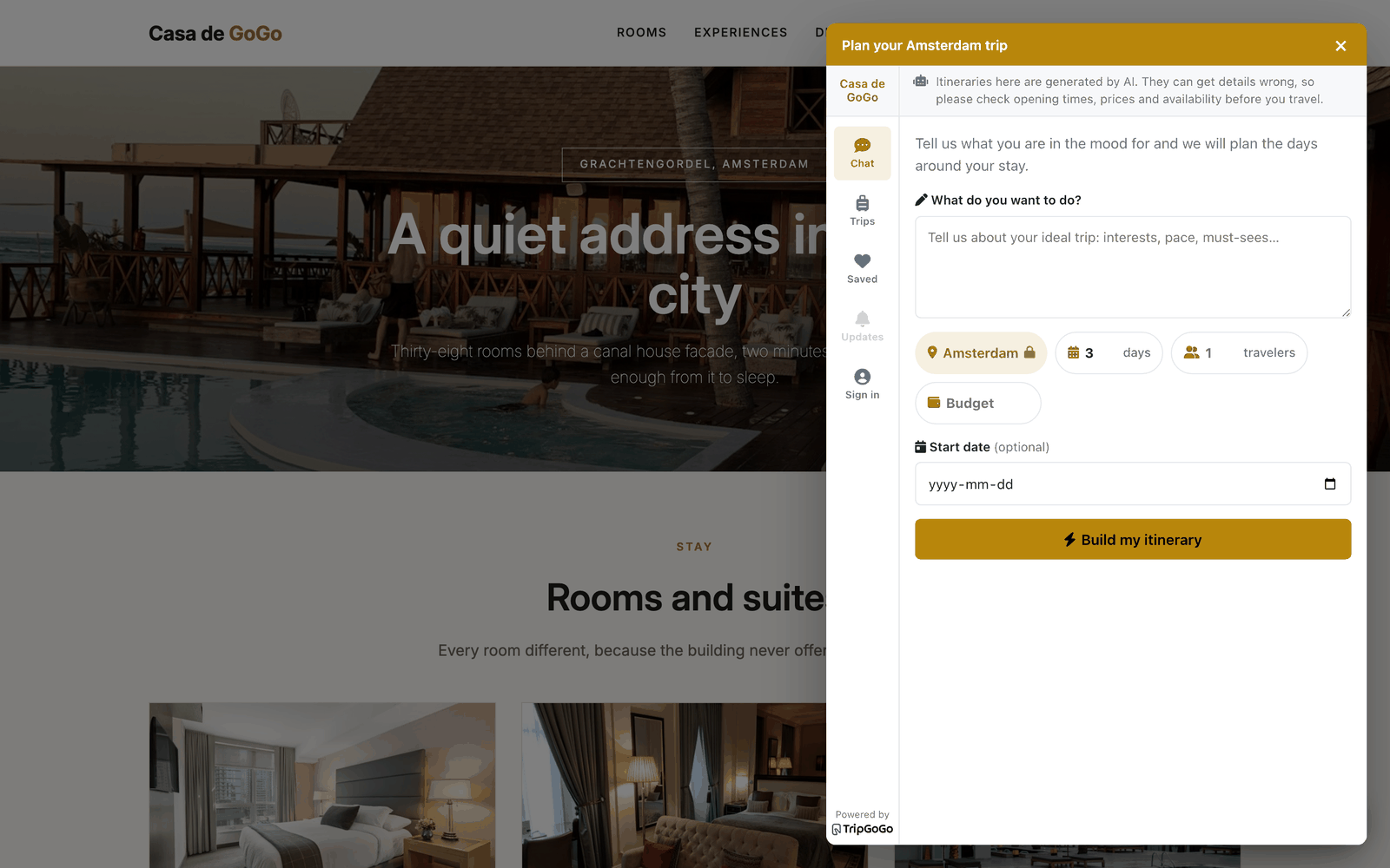 A hotel booking page with the TripGoGo planner panel open, showing the trip intake form in the hotel's colours.