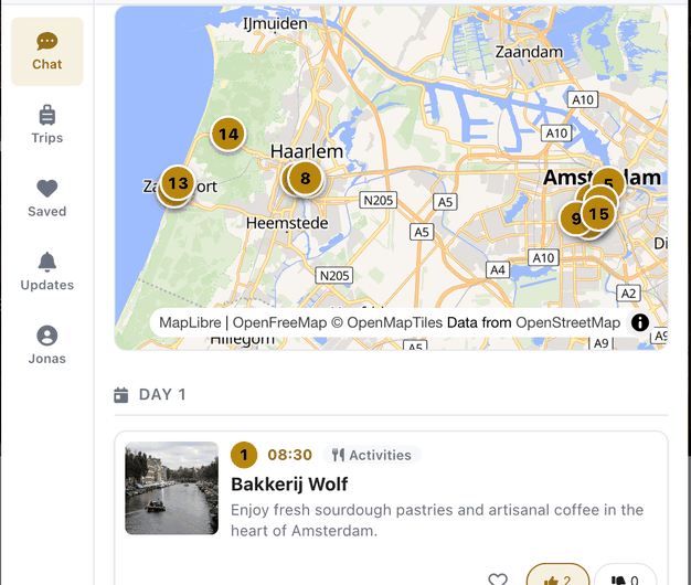 The planner's map of a three-city trip with numbered stops in Amsterdam, Haarlem and Zandvoort.