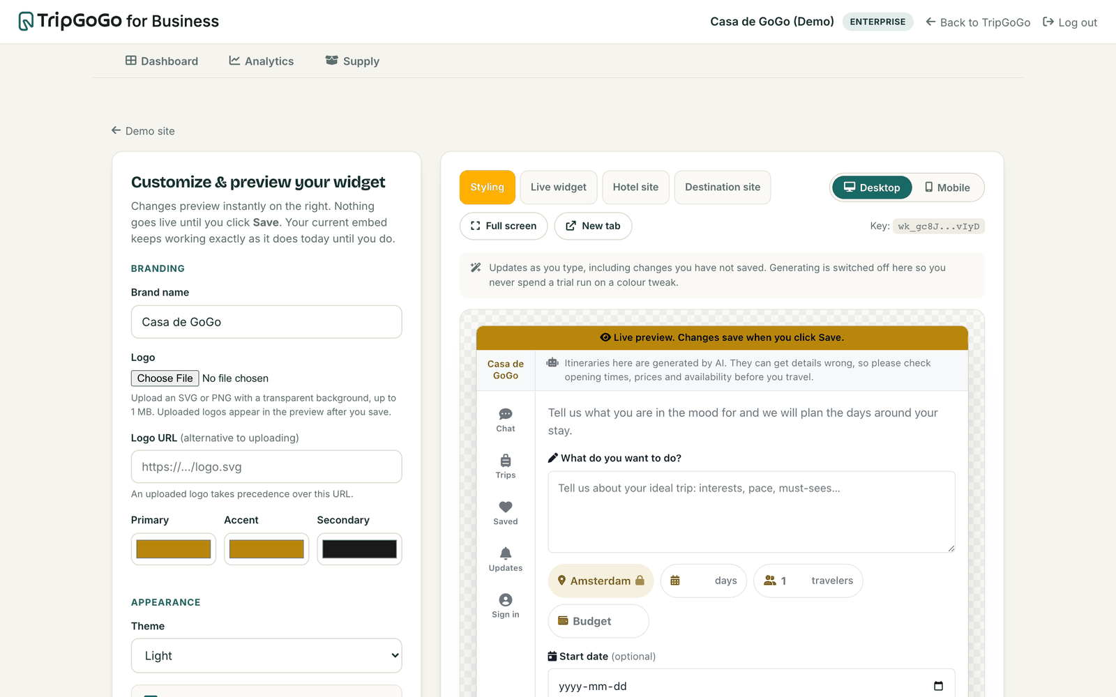 The partner portal customizer with brand fields on the left and a live preview of the planner on the right.